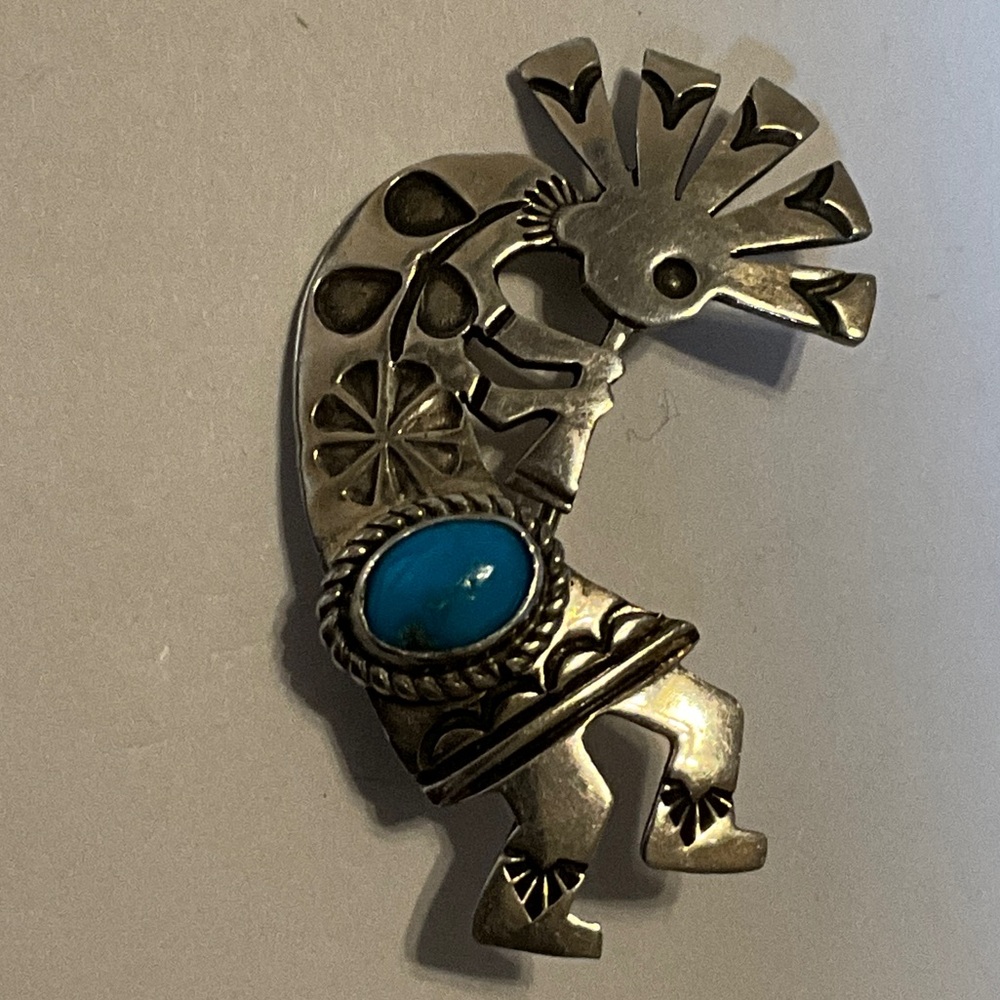 Sterling Silver Kokopelli Brooch with Turquoise Accent